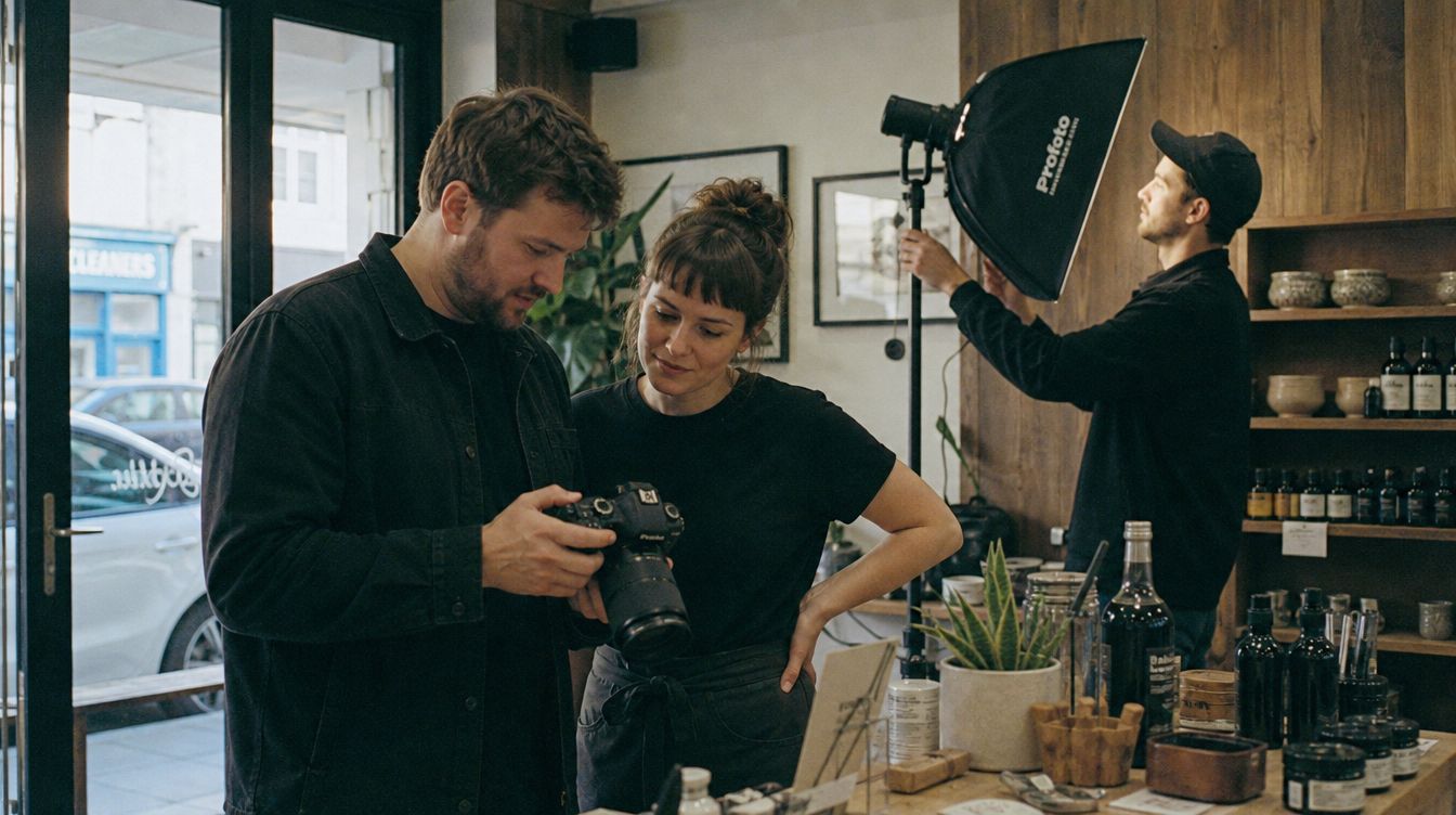 A photographer showing the back of a camera to a shop owner, while an assistant holds a softbox behind them